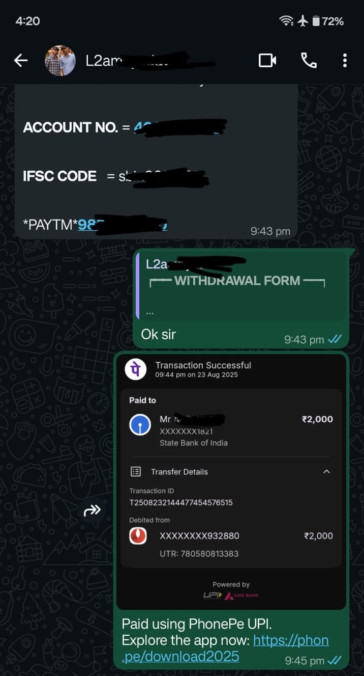 Laser247 user withdrawal proof showing transaction confirmation